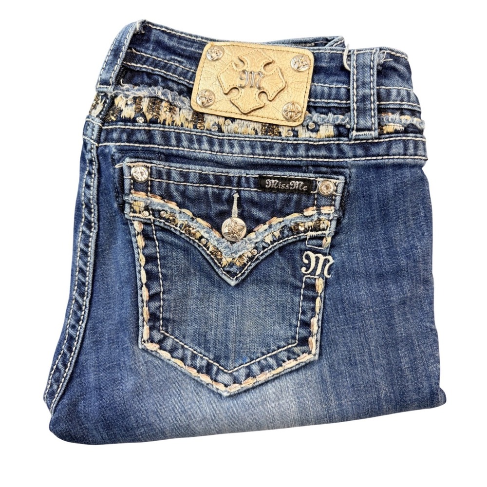 Miss Me Signature Straight Jeans Womens 30 Medium Wash Rhinestone Distressed Y2K